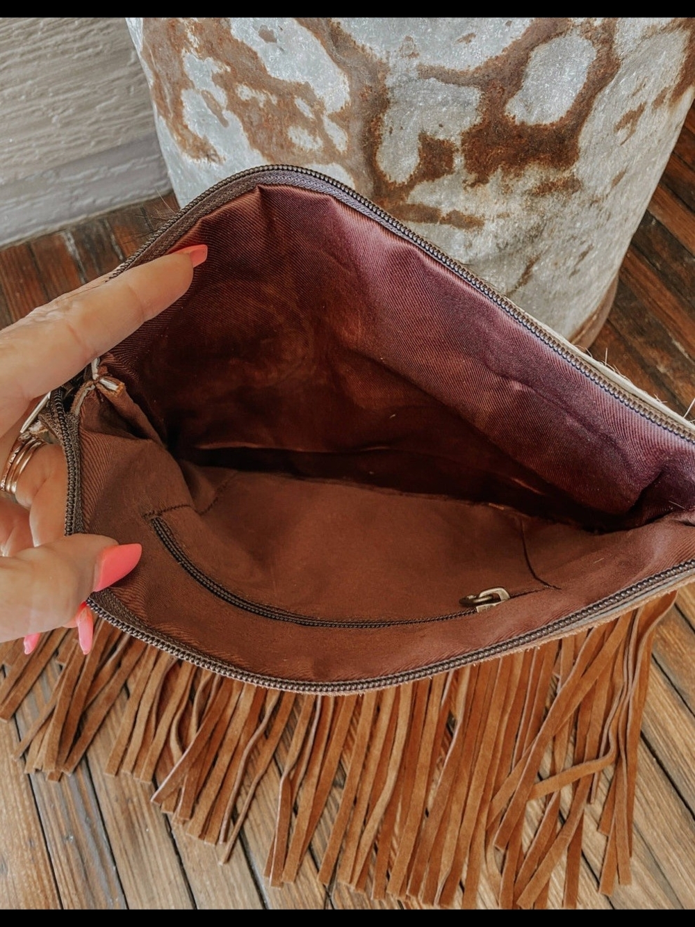 Chesney Patchwork Cowhide Fringe Crossbody Bag - Picture 4 of 9